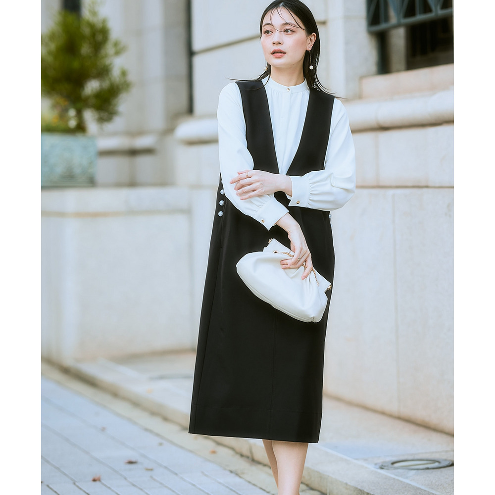 【入学式・卒業式・フォーマル】ダブルクロスジャンパースカート+ボウタイリボンブラウスストレッチセットアップ(ブローチ付) 大きいサイズ Callarus11