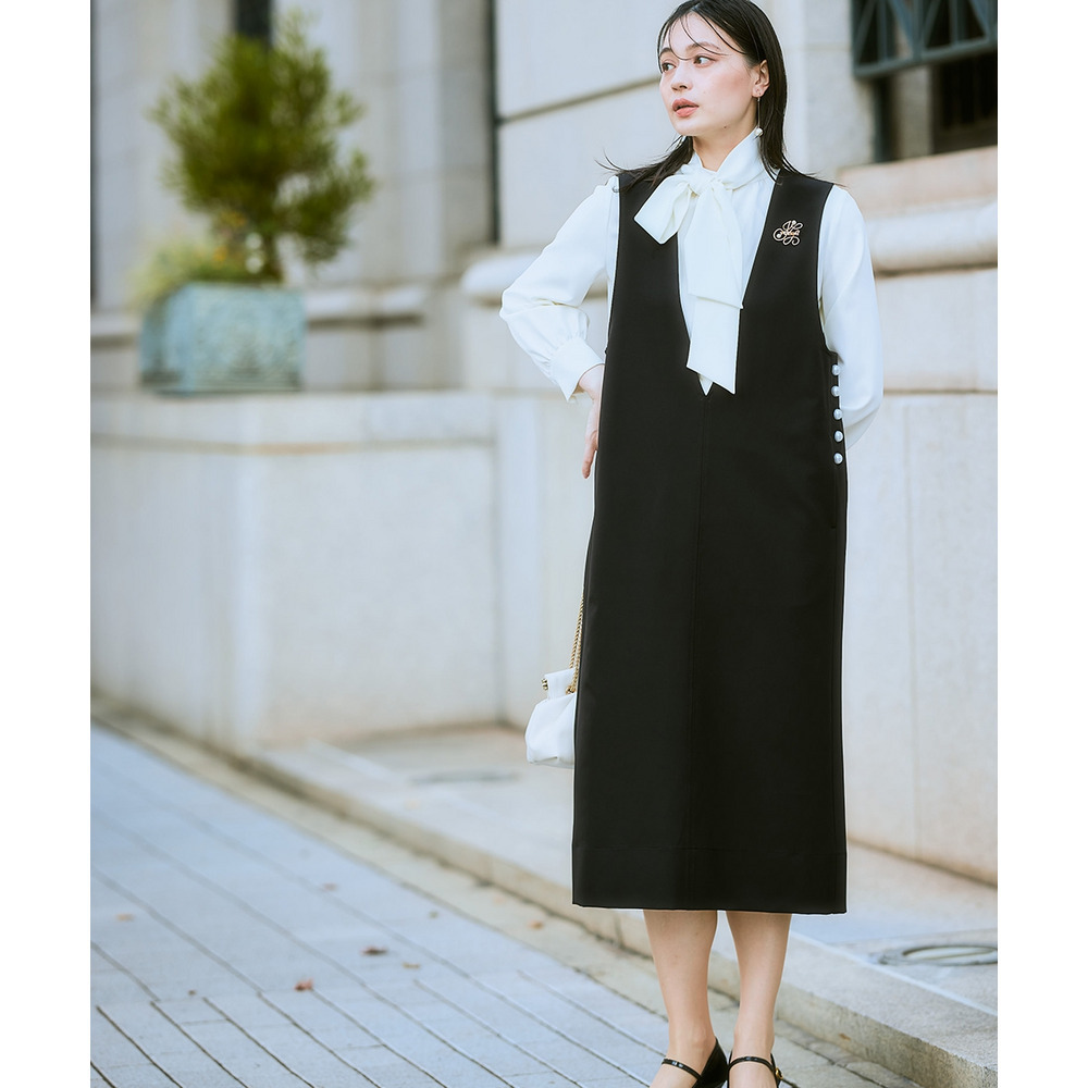 【入学式・卒業式・フォーマル】ダブルクロスジャンパースカート+ボウタイリボンブラウスストレッチセットアップ(ブローチ付) 大きいサイズ Callarus12