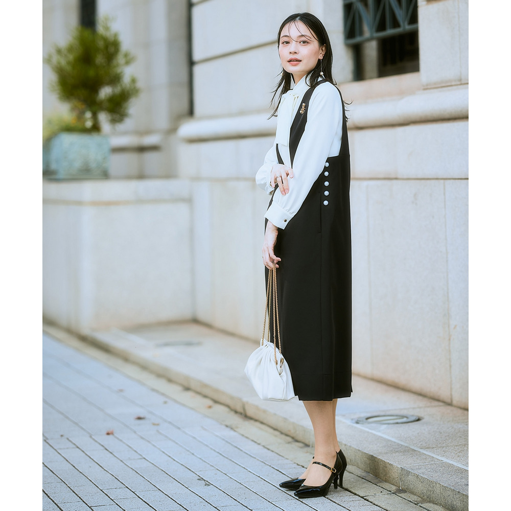 【入学式・卒業式・フォーマル】ダブルクロスジャンパースカート+ボウタイリボンブラウスストレッチセットアップ(ブローチ付) 大きいサイズ Callarus13