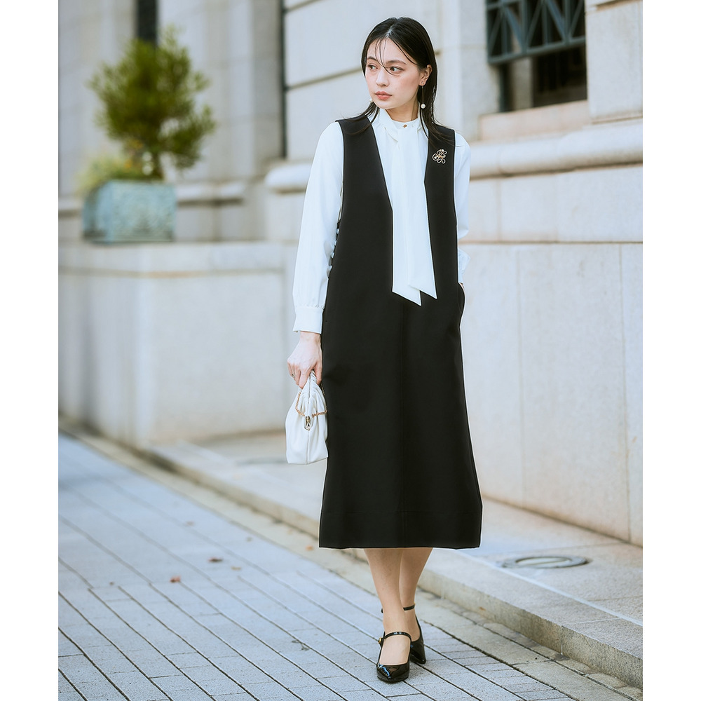 【入学式・卒業式・フォーマル】ダブルクロスジャンパースカート+ボウタイリボンブラウスストレッチセットアップ(ブローチ付) 大きいサイズ Callarus14