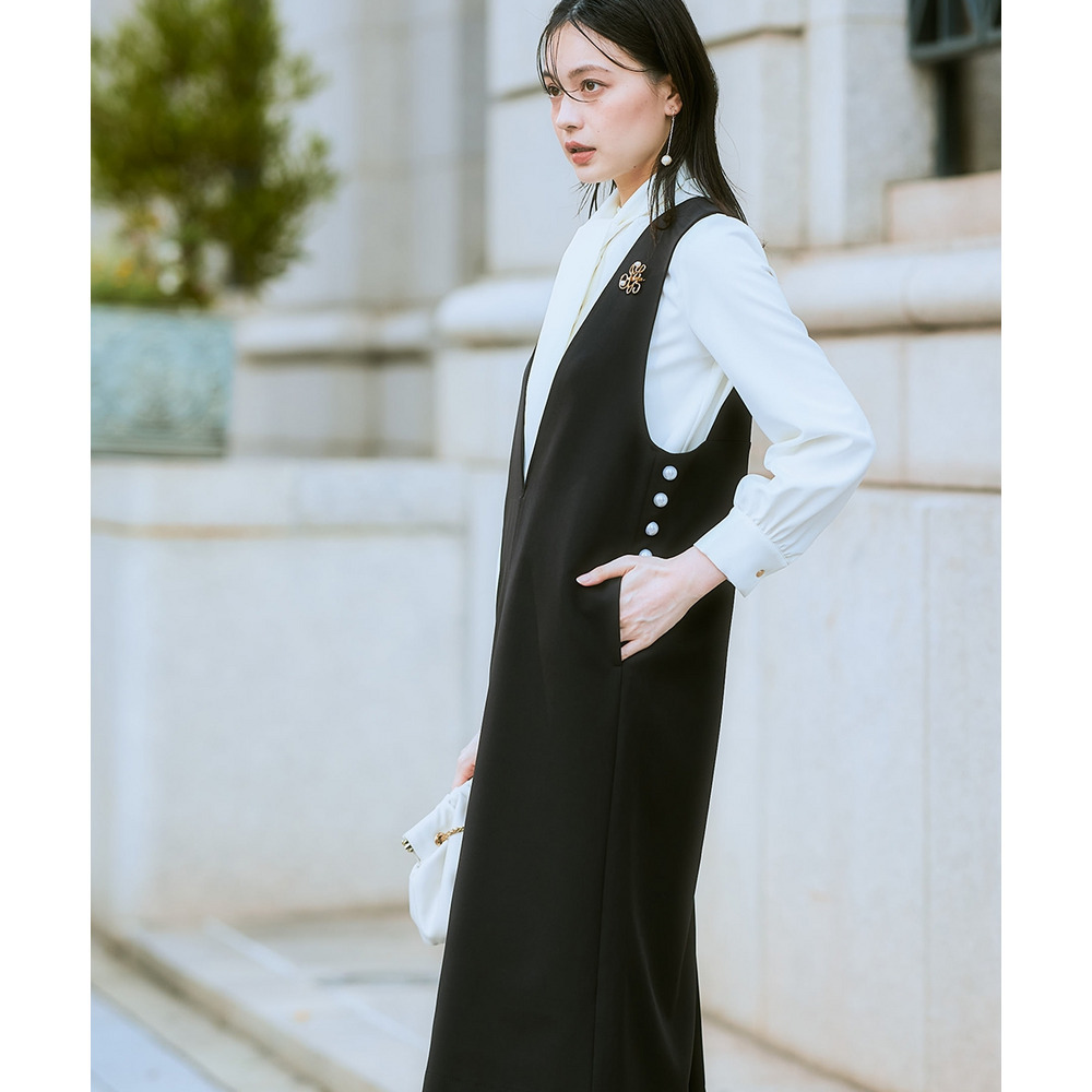 【入学式・卒業式・フォーマル】ダブルクロスジャンパースカート+ボウタイリボンブラウスストレッチセットアップ(ブローチ付) 大きいサイズ Callarus16