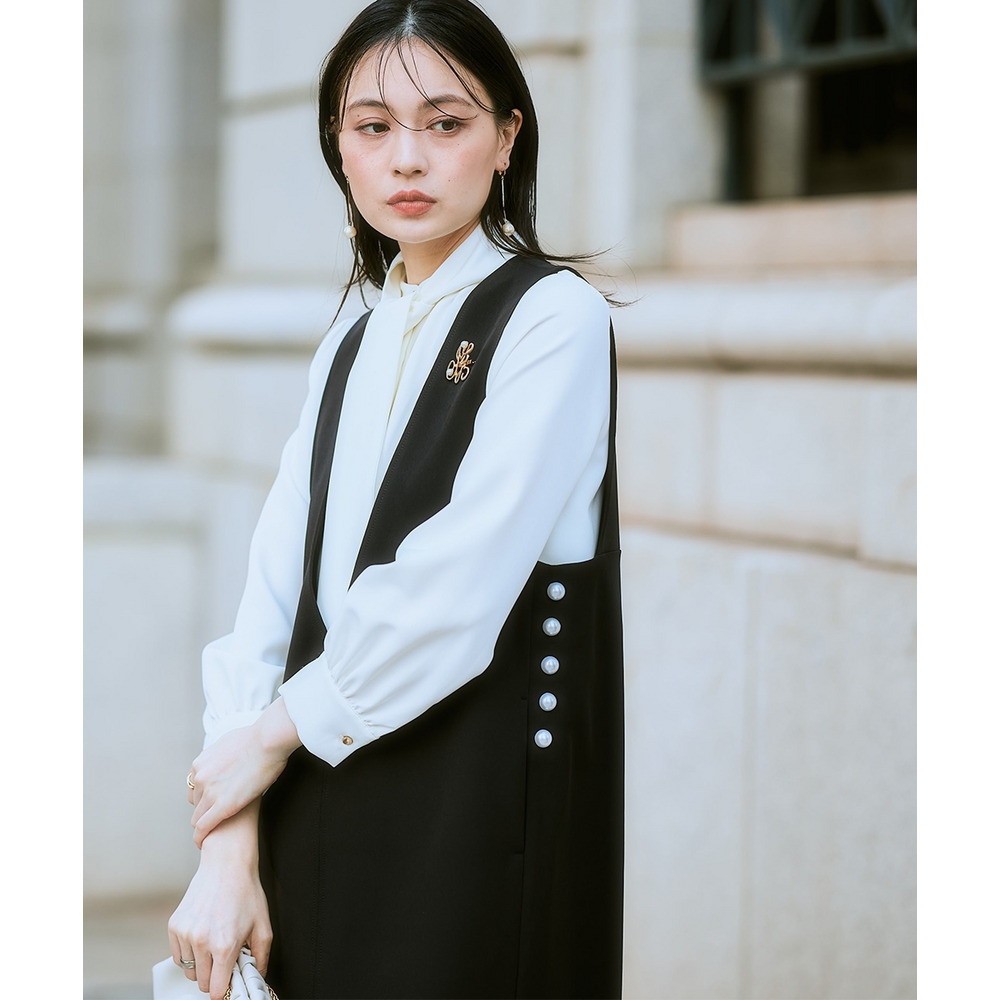 【入学式・卒業式・フォーマル】ダブルクロスジャンパースカート+ボウタイリボンブラウスストレッチセットアップ(ブローチ付) 大きいサイズ Callarus17