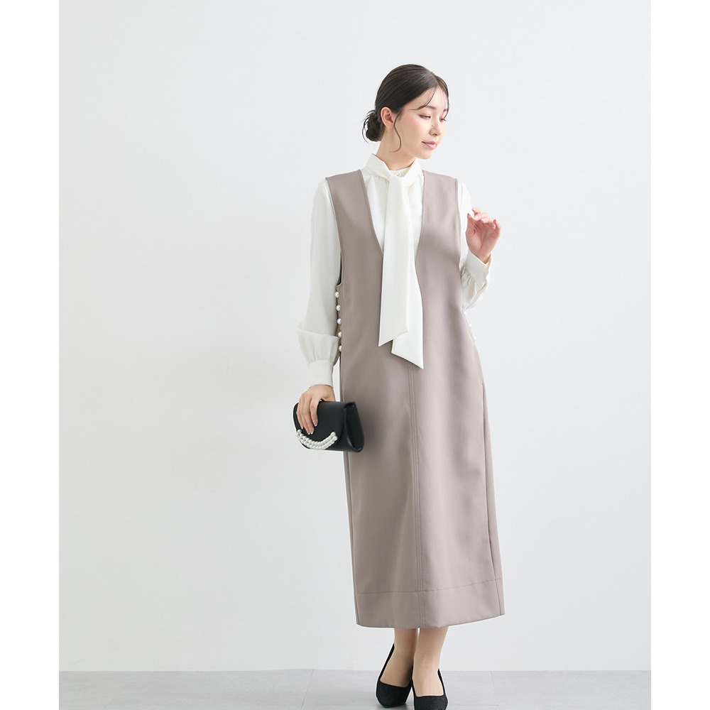 【入学式・卒業式・フォーマル】ダブルクロスジャンパースカート+ボウタイリボンブラウスストレッチセットアップ(ブローチ付) 大きいサイズ Callarus18