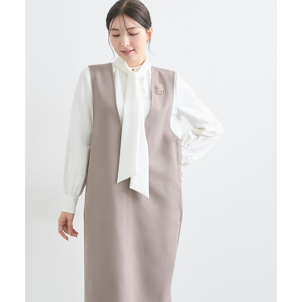 【入学式・卒業式・フォーマル】ダブルクロスジャンパースカート+ボウタイリボンブラウスストレッチセットアップ(ブローチ付) 大きいサイズ Callarus19