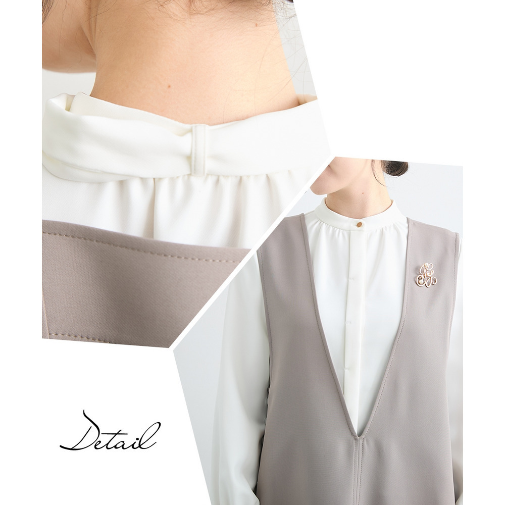 【入学式・卒業式・フォーマル】ダブルクロスジャンパースカート+ボウタイリボンブラウスストレッチセットアップ(ブローチ付) 大きいサイズ Callarus26