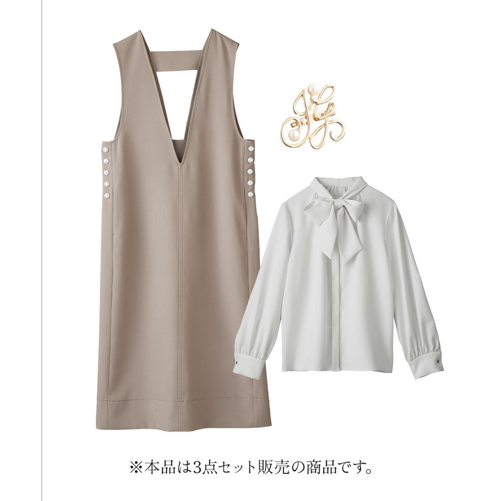 【入学式・卒業式・フォーマル】ダブルクロスジャンパースカート+ボウタイリボンブラウスストレッチセットアップ(ブローチ付) 大きいサイズ Callarus3