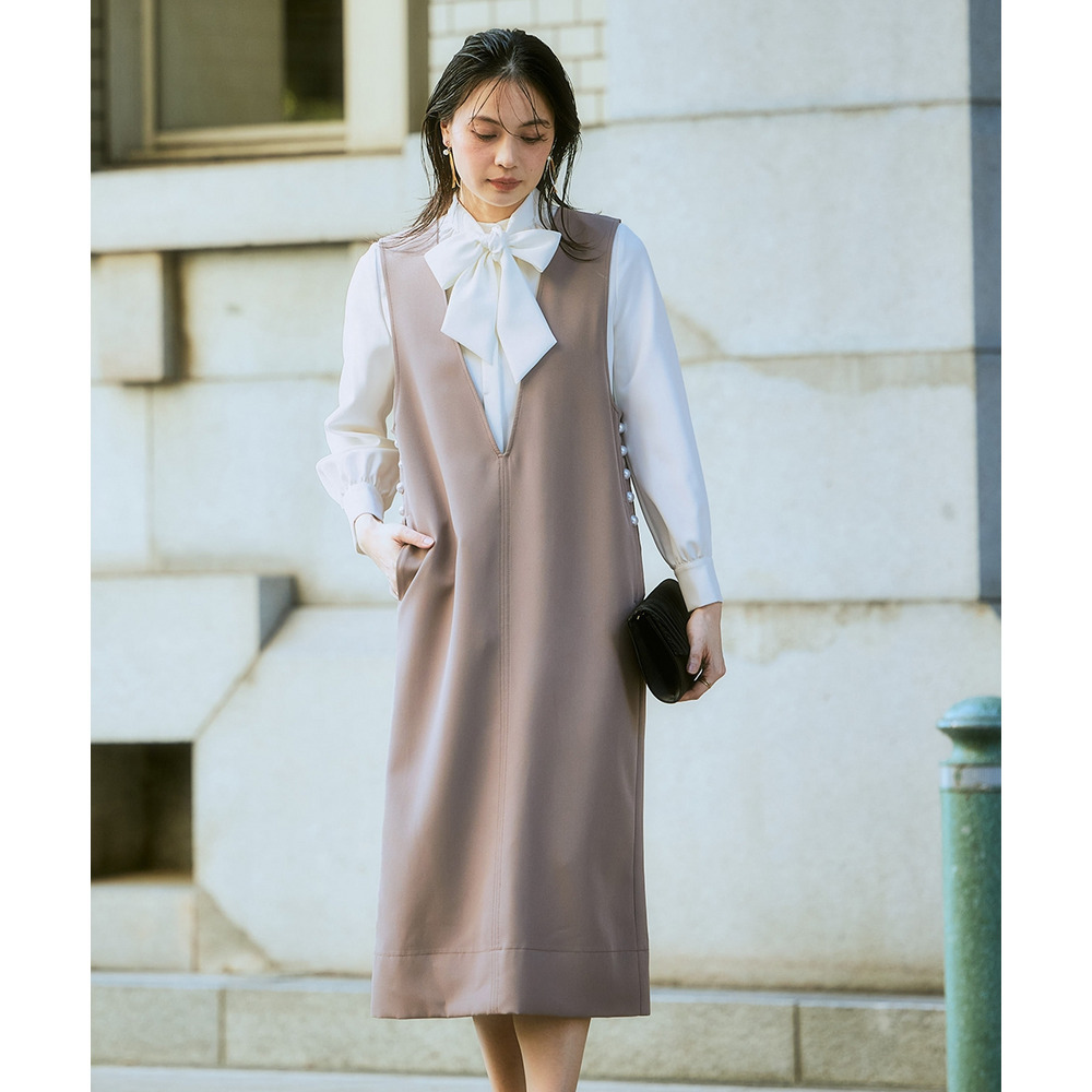 【入学式・卒業式・フォーマル】ダブルクロスジャンパースカート+ボウタイリボンブラウスストレッチセットアップ(ブローチ付) 大きいサイズ Callarus4