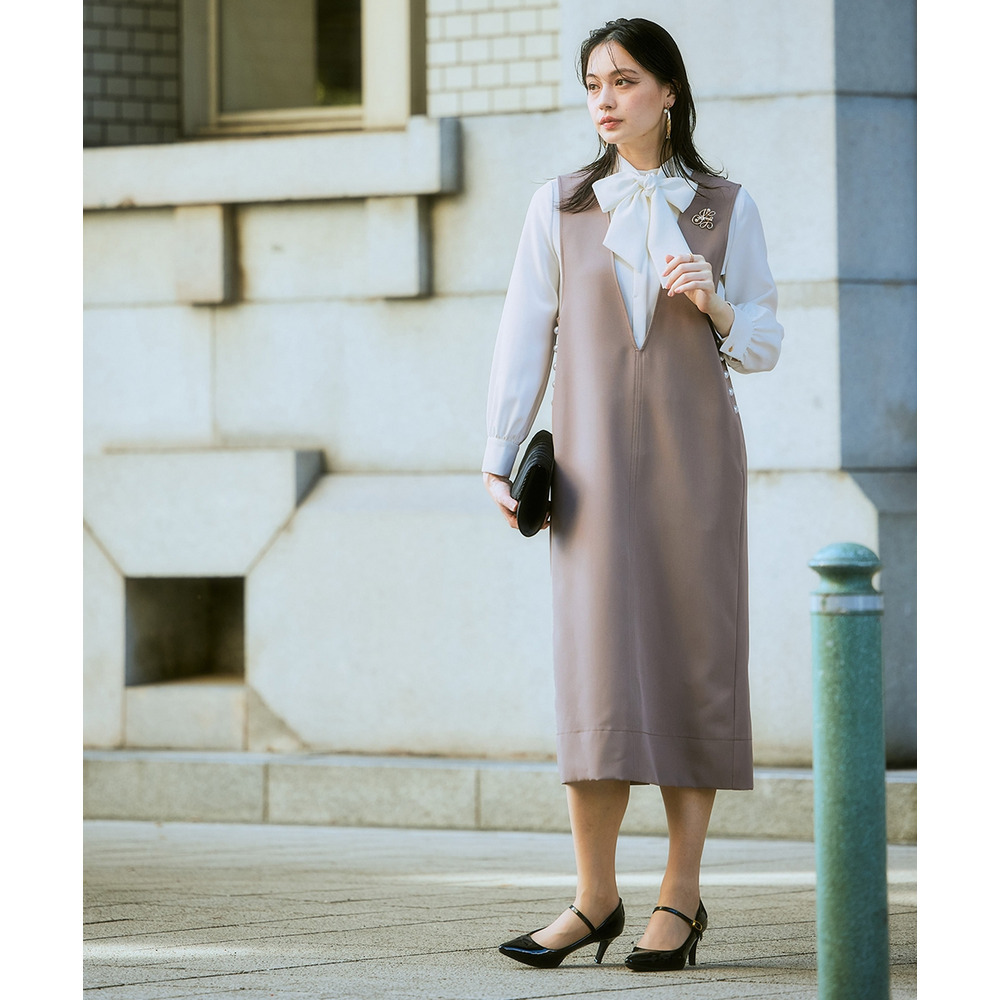 【入学式・卒業式・フォーマル】ダブルクロスジャンパースカート+ボウタイリボンブラウスストレッチセットアップ(ブローチ付) 大きいサイズ Callarus5