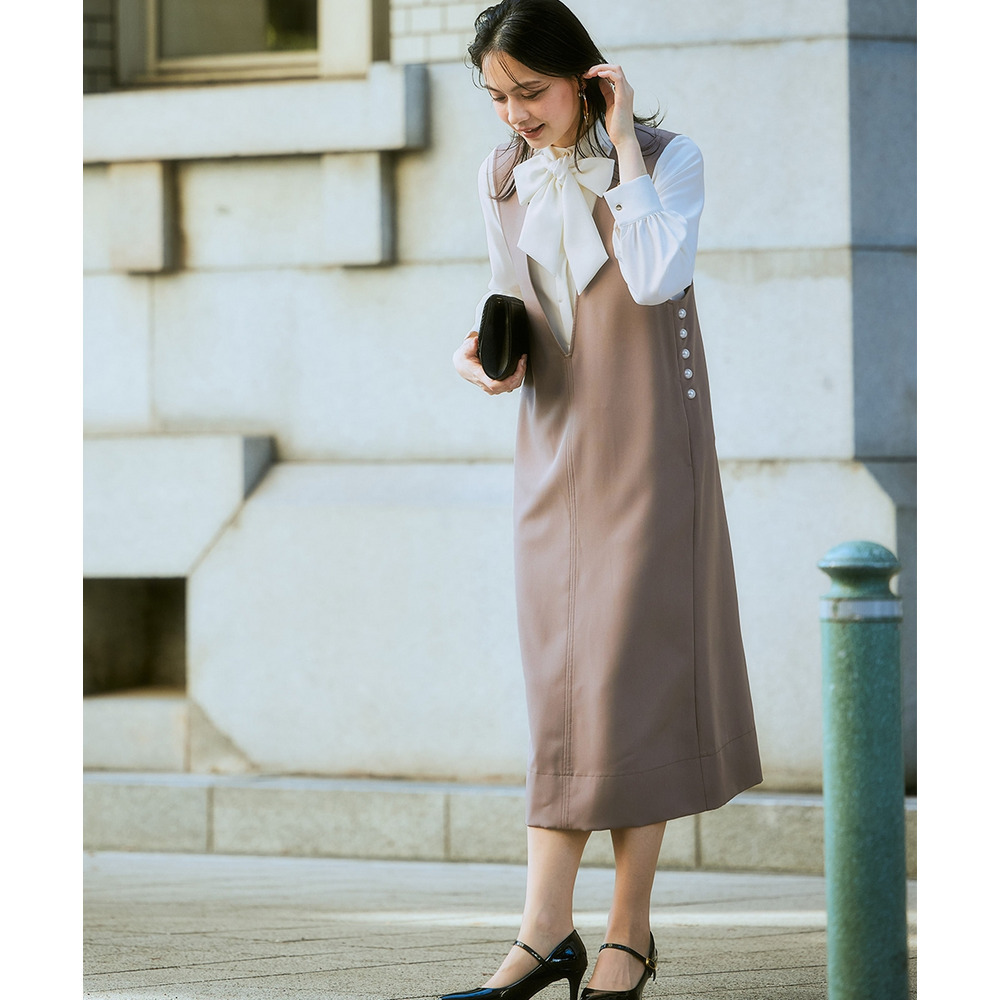 【入学式・卒業式・フォーマル】ダブルクロスジャンパースカート+ボウタイリボンブラウスストレッチセットアップ(ブローチ付) 大きいサイズ Callarus6