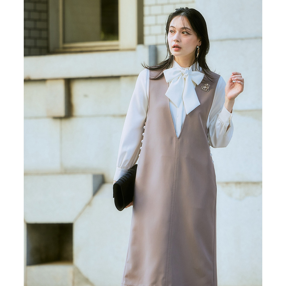 【入学式・卒業式・フォーマル】ダブルクロスジャンパースカート+ボウタイリボンブラウスストレッチセットアップ(ブローチ付) 大きいサイズ Callarus7