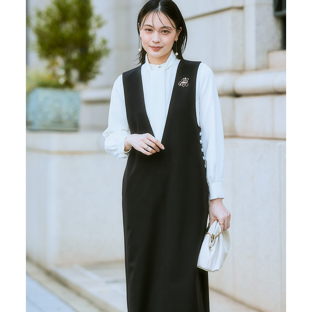 【入学式・卒業式・フォーマル】ダブルクロスジャンパースカート+ボウタイリボンブラウスストレッチセットアップ(ブローチ付) 大きいサイズ Callarus9