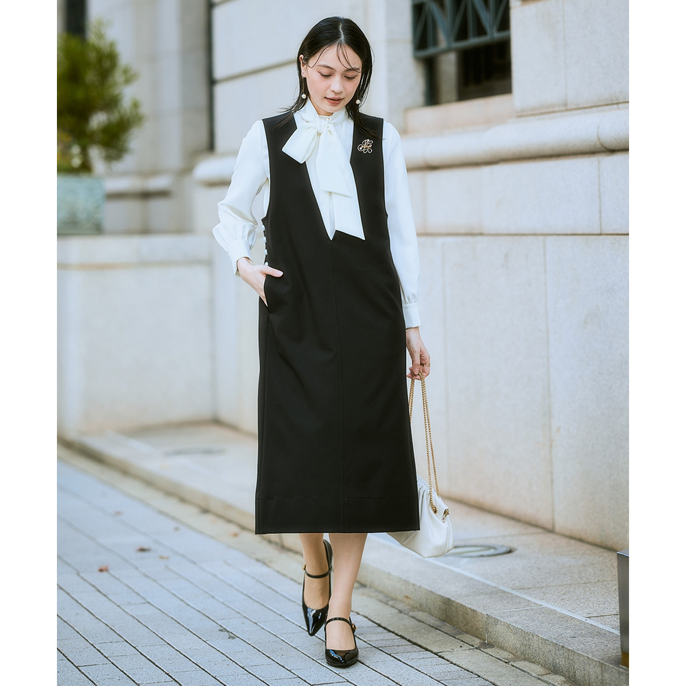 【入学式・卒業式・フォーマル】ダブルクロスジャンパースカート+ボウタイリボンブラウスストレッチセットアップ(ブローチ付) 大きいサイズ Callarus1