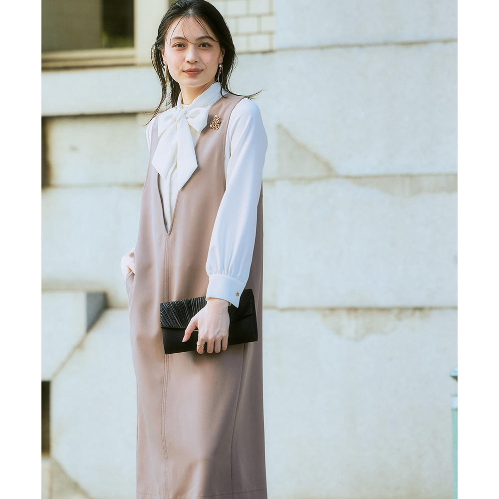 【入学式・卒業式・フォーマル】ダブルクロスジャンパースカート+ボウタイリボンブラウスストレッチセットアップ(ブローチ付) 大きいサイズ Callarus1