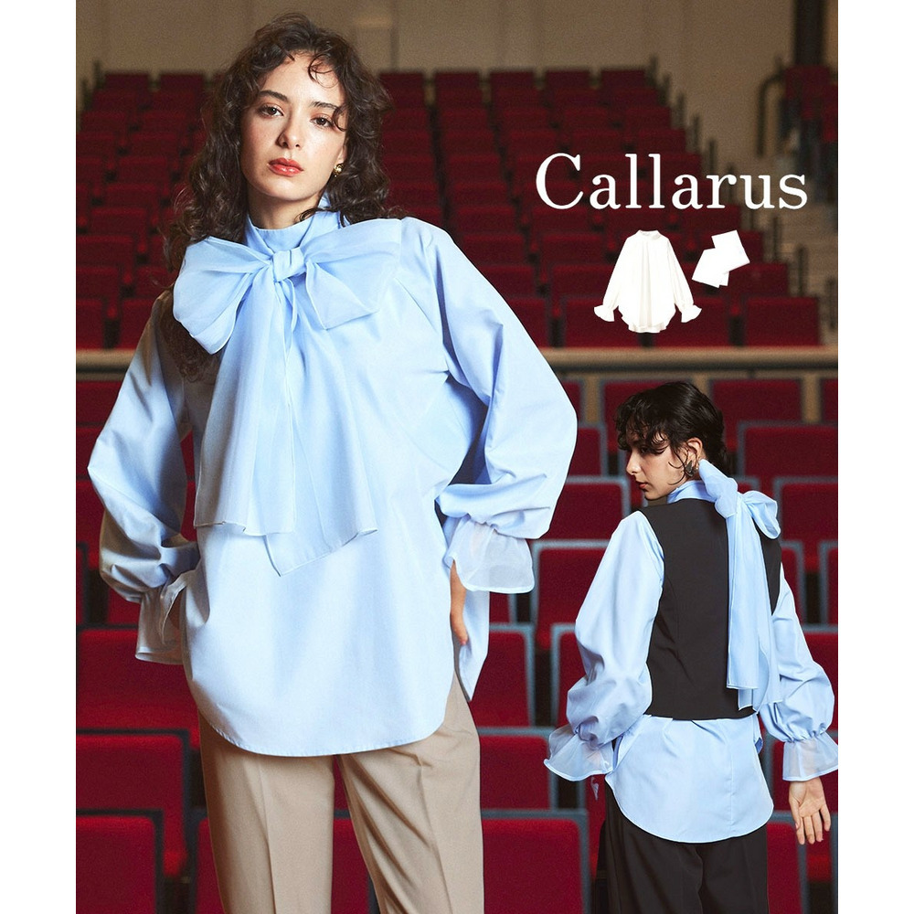 【入学式・卒業式・フォーマル】<単品>前後2WAYオーガンジーリボン付き袖フリルブロードブラウス 大きいサイズ　Callarus