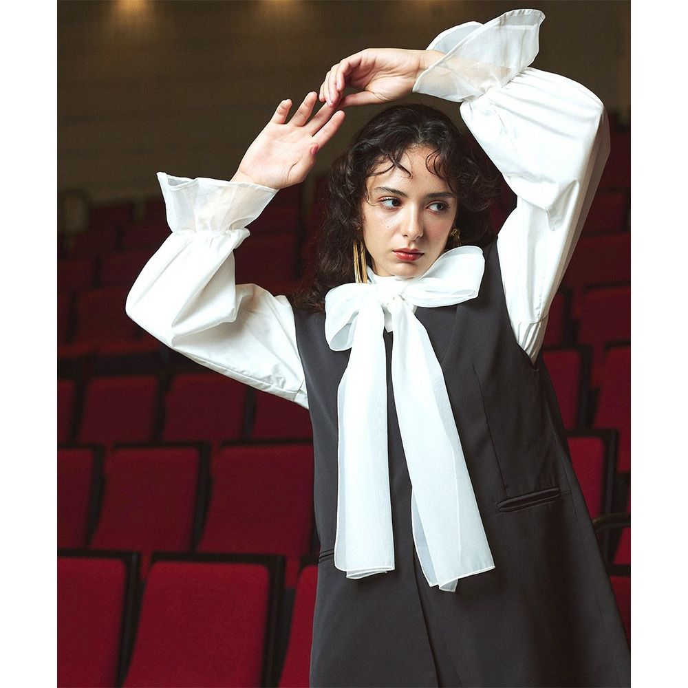 【入学式・卒業式・フォーマル】<単品>前後2WAYオーガンジーリボン付き袖フリルブロードブラウス 大きいサイズ Callarus12