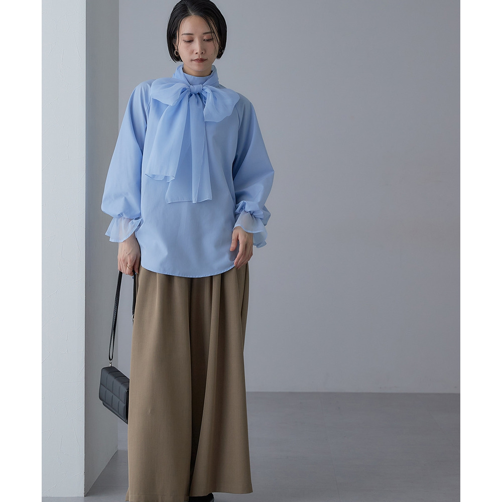 【入学式・卒業式・フォーマル】<単品>前後2WAYオーガンジーリボン付き袖フリルブロードブラウス 大きいサイズ Callarus17