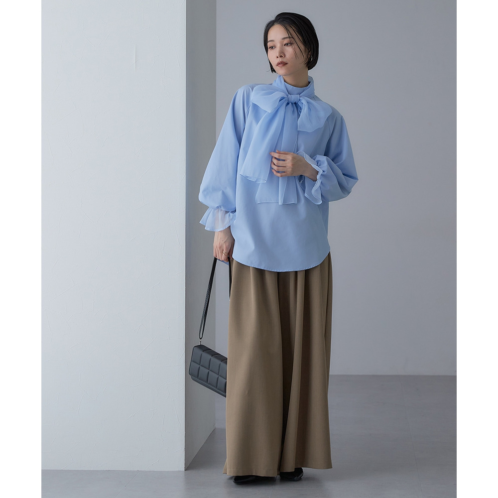 【入学式・卒業式・フォーマル】<単品>前後2WAYオーガンジーリボン付き袖フリルブロードブラウス 大きいサイズ Callarus18