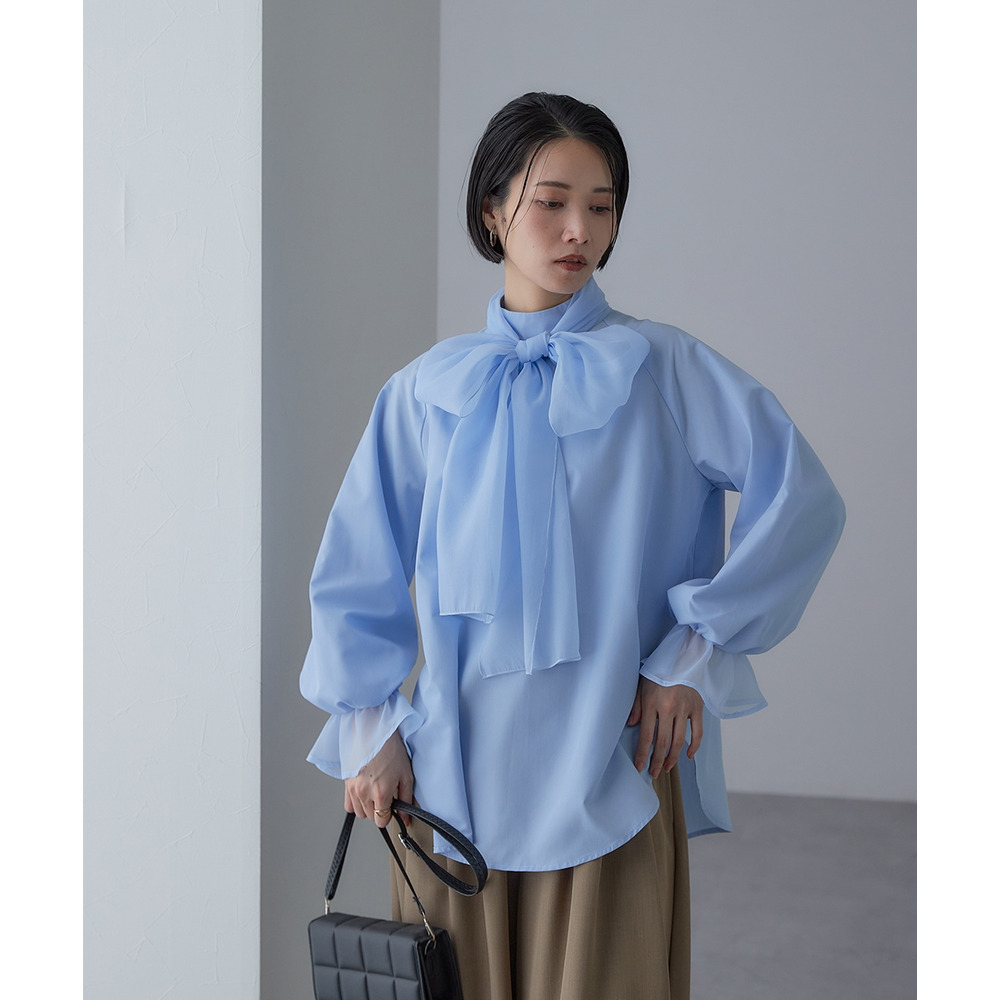 【入学式・卒業式・フォーマル】<単品>前後2WAYオーガンジーリボン付き袖フリルブロードブラウス 大きいサイズ Callarus20