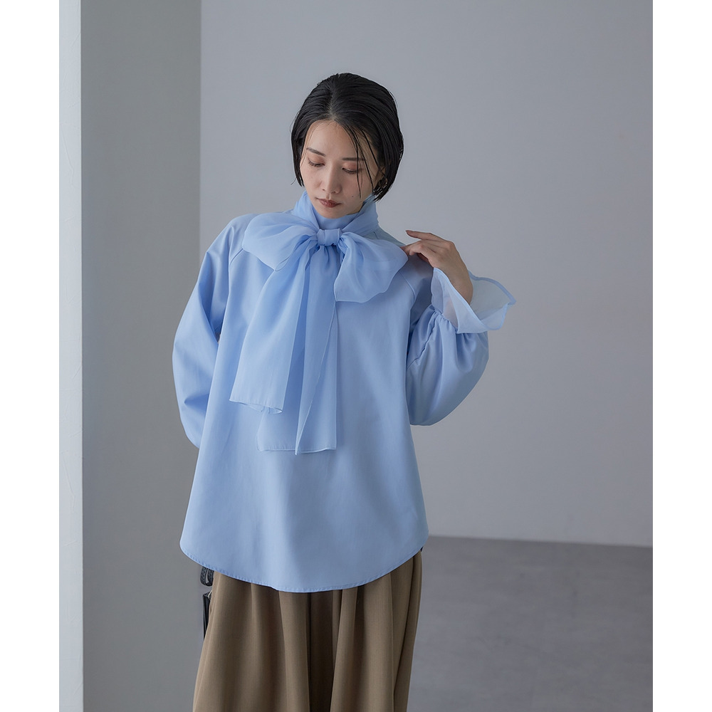 【入学式・卒業式・フォーマル】<単品>前後2WAYオーガンジーリボン付き袖フリルブロードブラウス 大きいサイズ Callarus21