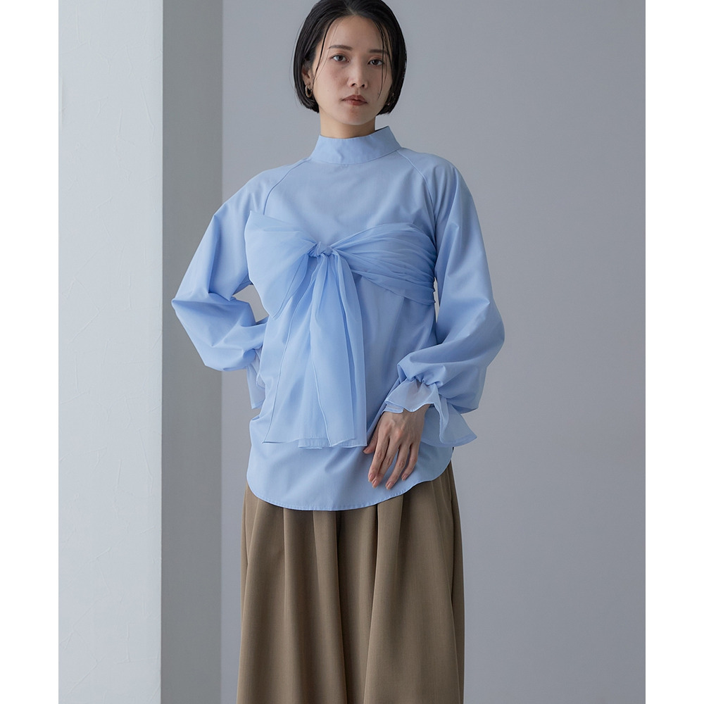 【入学式・卒業式・フォーマル】<単品>前後2WAYオーガンジーリボン付き袖フリルブロードブラウス 大きいサイズ Callarus23