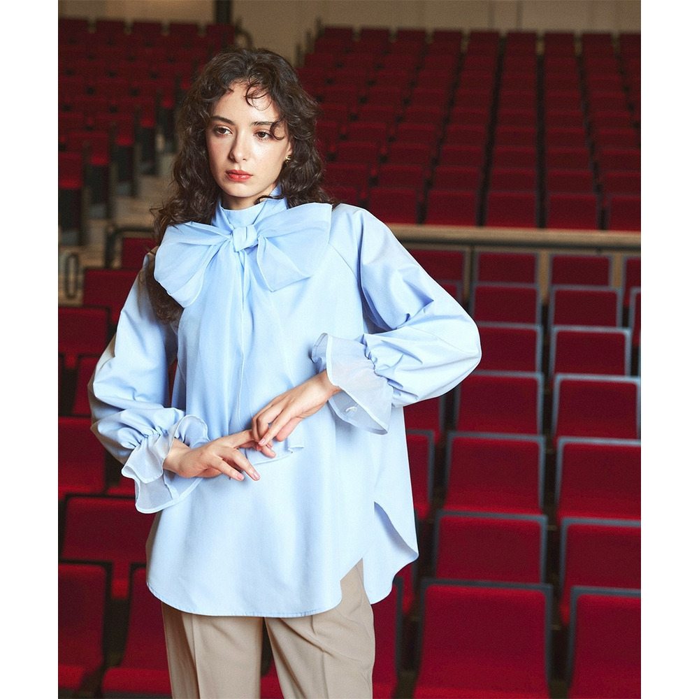 【入学式・卒業式・フォーマル】<単品>前後2WAYオーガンジーリボン付き袖フリルブロードブラウス 大きいサイズ Callarus5