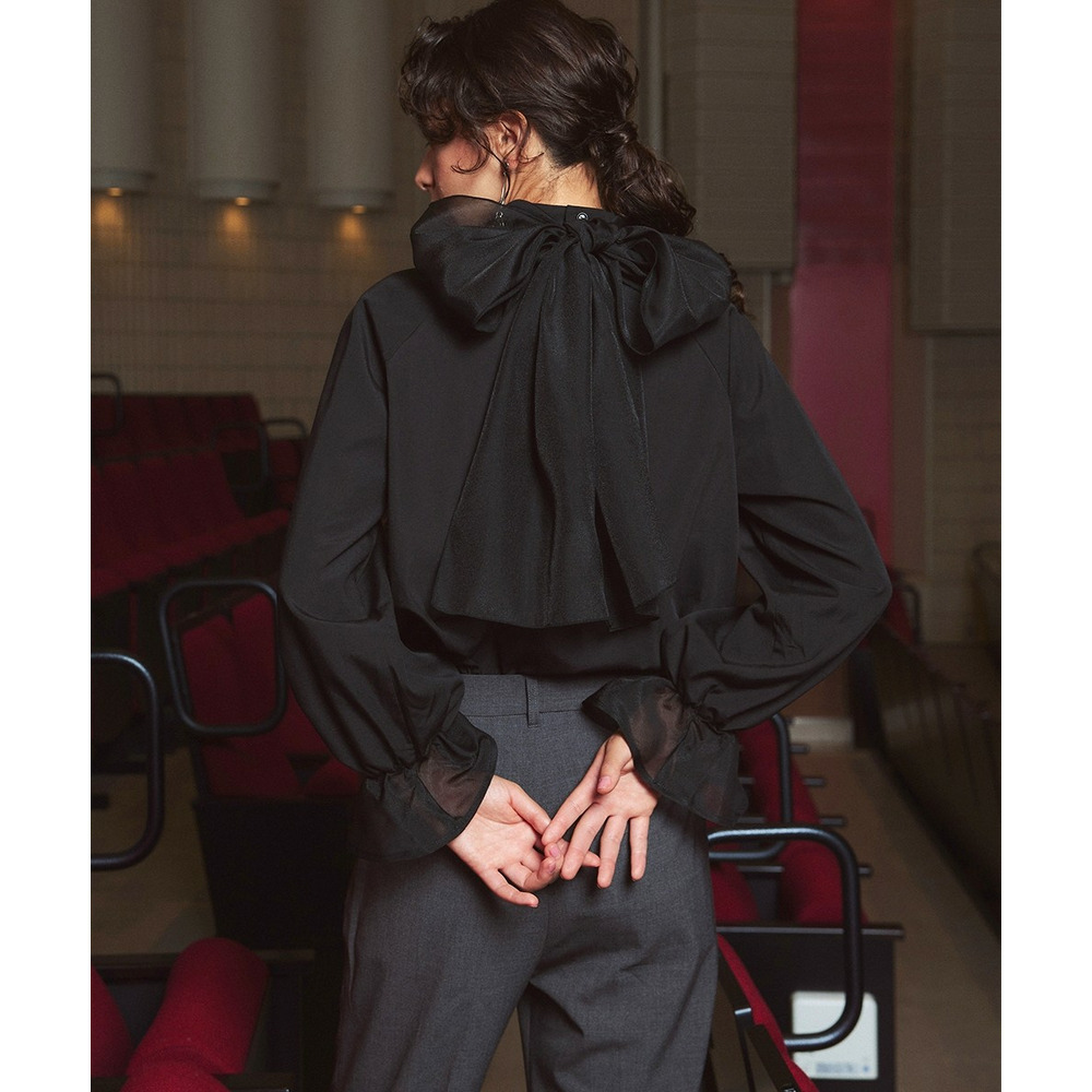 【入学式・卒業式・フォーマル】<単品>前後2WAYオーガンジーリボン付き袖フリルブロードブラウス 大きいサイズ Callarus1