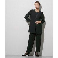 【喪服・礼服】袱紗も入る多ポケット仕様 日本製生地使用レースインナードッキングロングジャケット風ブラウス+パンツスーツセット 大きいサイズ Callarus