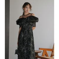 【お呼ばれ・よそいき・結婚式・パーティー・オケージョンドレス】メタリックボイルオーガンジーオフショルダーデザイン刺繍ワンピースドレス 大きいサイズ Callarus