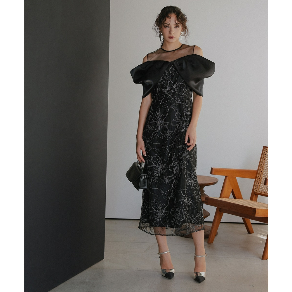 【お呼ばれ・よそいき・結婚式・パーティー・オケージョンドレス】メタリックボイルオーガンジーオフショルダーデザイン刺繍ワンピースドレス 大きいサイズ Callarus10