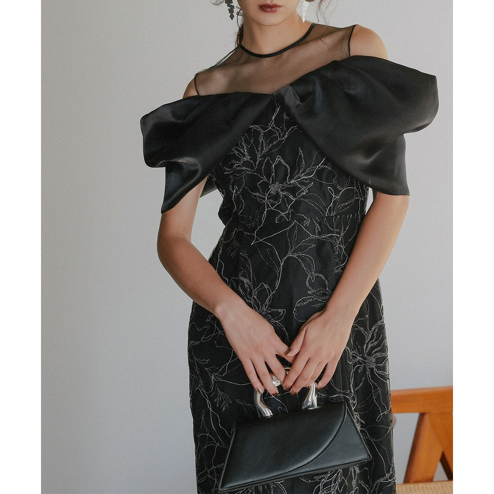 【お呼ばれ・よそいき・結婚式・パーティー・オケージョンドレス】メタリックボイルオーガンジーオフショルダーデザイン刺繍ワンピースドレス 大きいサイズ Callarus11