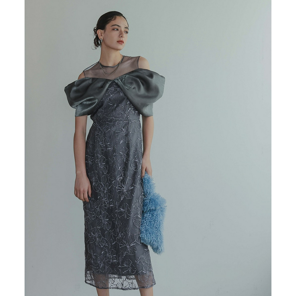 【お呼ばれ・よそいき・結婚式・パーティー・オケージョンドレス】メタリックボイルオーガンジーオフショルダーデザイン刺繍ワンピースドレス 大きいサイズ Callarus20