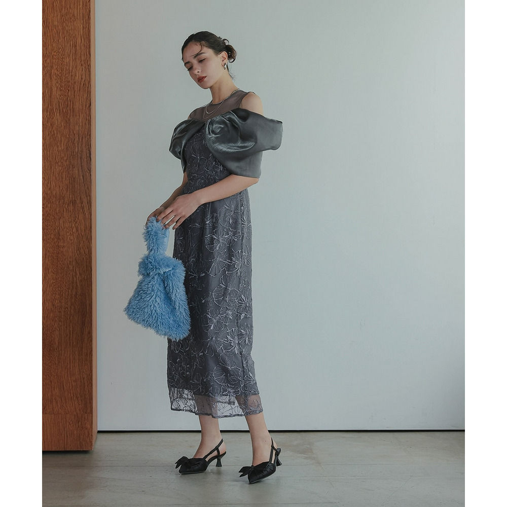 【お呼ばれ・よそいき・結婚式・パーティー・オケージョンドレス】メタリックボイルオーガンジーオフショルダーデザイン刺繍ワンピースドレス 大きいサイズ Callarus22