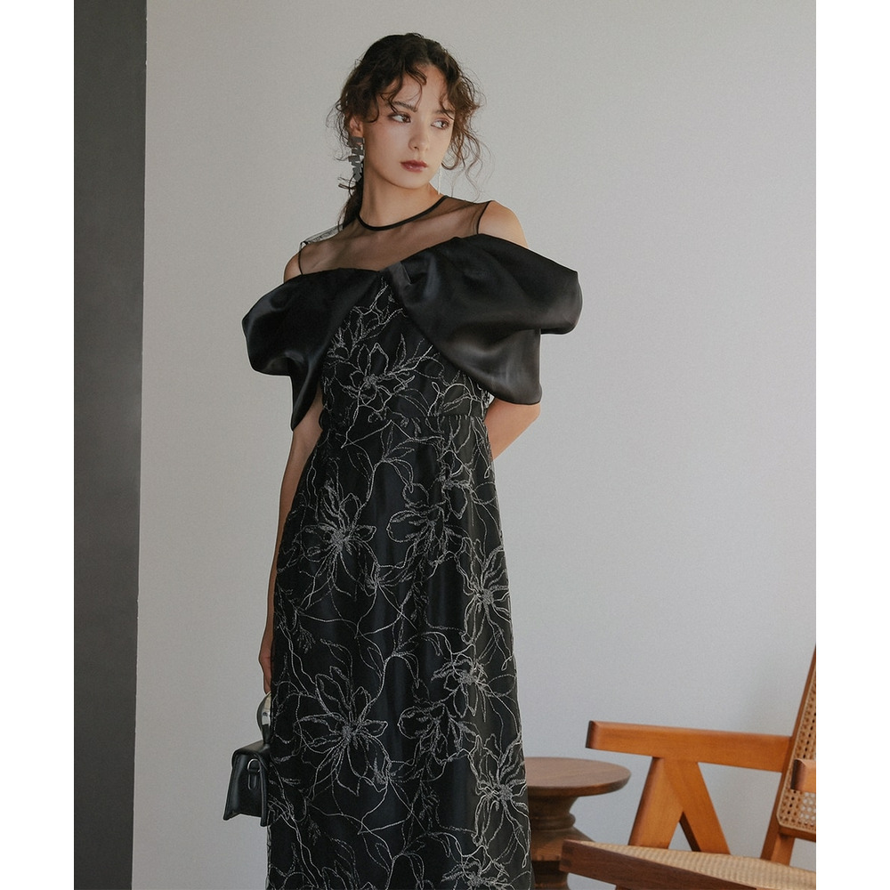 【お呼ばれ・よそいき・結婚式・パーティー・オケージョンドレス】メタリックボイルオーガンジーオフショルダーデザイン刺繍ワンピースドレス 大きいサイズ Callarus24