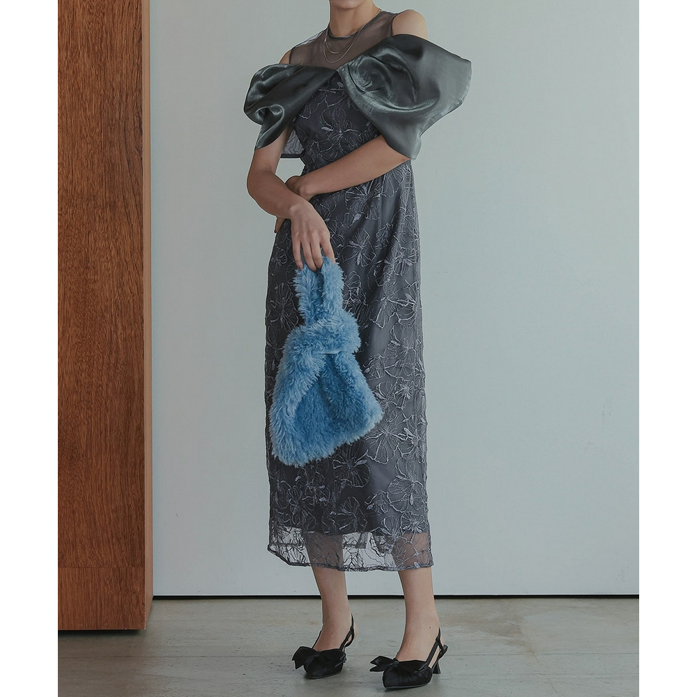 【お呼ばれ・よそいき・結婚式・パーティー・オケージョンドレス】メタリックボイルオーガンジーオフショルダーデザイン刺繍ワンピースドレス 大きいサイズ Callarus25