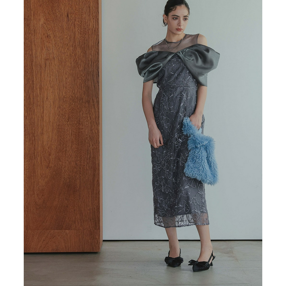 【お呼ばれ・よそいき・結婚式・パーティー・オケージョンドレス】メタリックボイルオーガンジーオフショルダーデザイン刺繍ワンピースドレス 大きいサイズ Callarus4