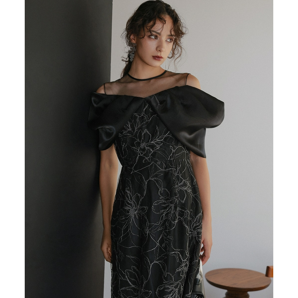 【お呼ばれ・よそいき・結婚式・パーティー・オケージョンドレス】メタリックボイルオーガンジーオフショルダーデザイン刺繍ワンピースドレス 大きいサイズ Callarus5