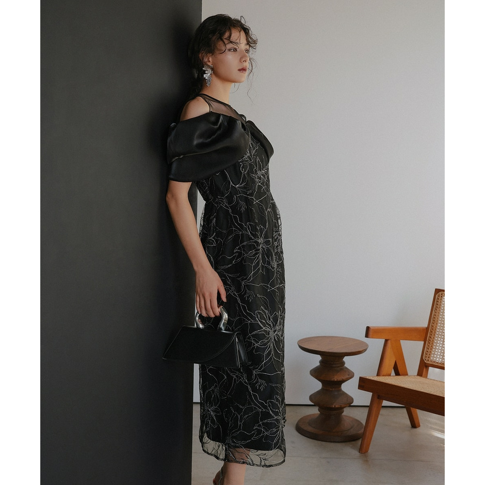 【お呼ばれ・よそいき・結婚式・パーティー・オケージョンドレス】メタリックボイルオーガンジーオフショルダーデザイン刺繍ワンピースドレス 大きいサイズ Callarus6