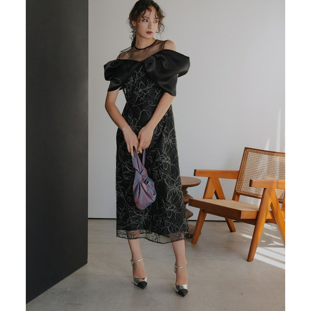 【お呼ばれ・よそいき・結婚式・パーティー・オケージョンドレス】メタリックボイルオーガンジーオフショルダーデザイン刺繍ワンピースドレス 大きいサイズ Callarus7