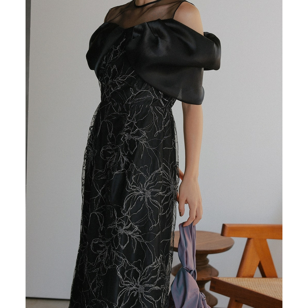 【お呼ばれ・よそいき・結婚式・パーティー・オケージョンドレス】メタリックボイルオーガンジーオフショルダーデザイン刺繍ワンピースドレス 大きいサイズ Callarus9