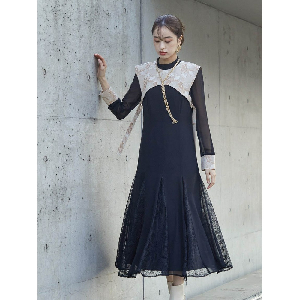 【結婚式・パーティー・オケージョンドレス】＜Callarus＞Switching  Jacquard Lace Onepiece Dress（ジャガードレース切替ワンピースドレス）3