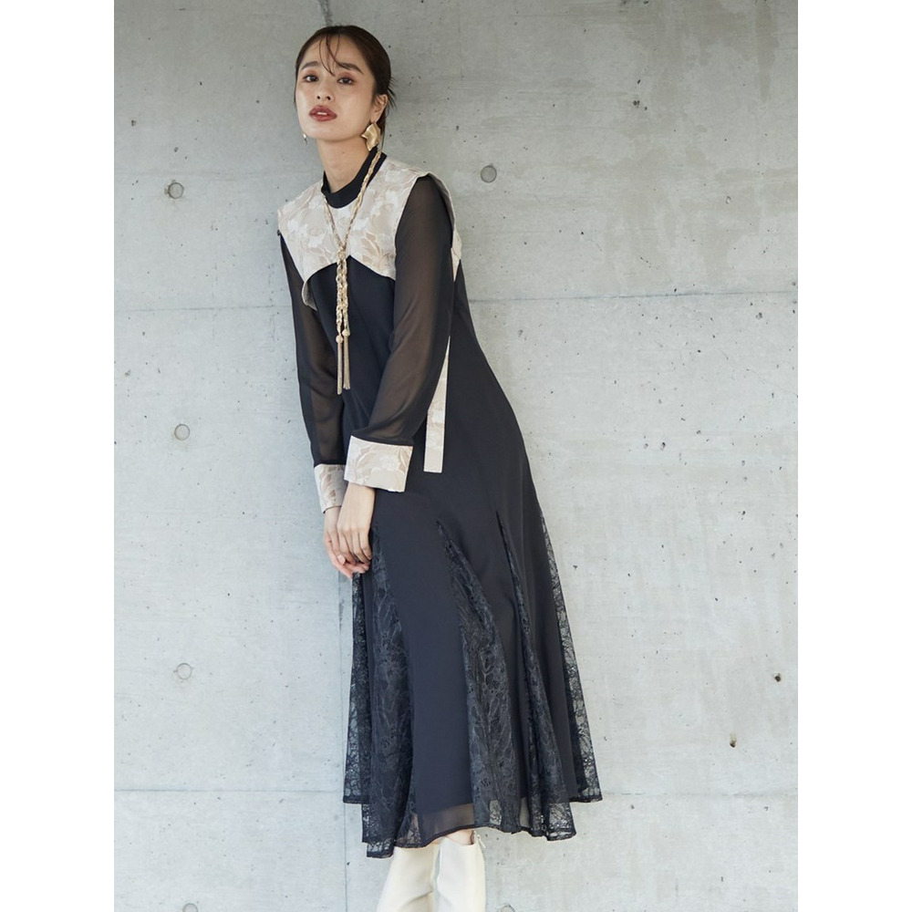 【結婚式・パーティー・オケージョンドレス】＜Callarus＞Switching  Jacquard Lace Onepiece Dress（ジャガードレース切替ワンピースドレス）4