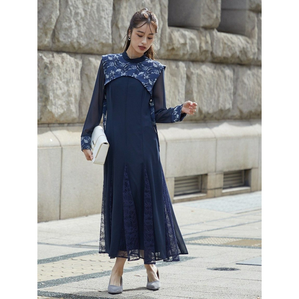 【結婚式・パーティー・オケージョンドレス】＜Callarus＞Switching  Jacquard Lace Onepiece Dress（ジャガードレース切替ワンピースドレス） ネイビー系 1