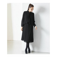 【喪服・礼服】日本製生地使用　洗える防しわスタンドカラーフロントドレープデザインワンピース　大きいサイズ　Callarus