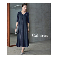 【結婚式・パーティー・オケージョンドレス】Front Lace Pleats Design Onepiece Dress　大きいサイズ　Callarus