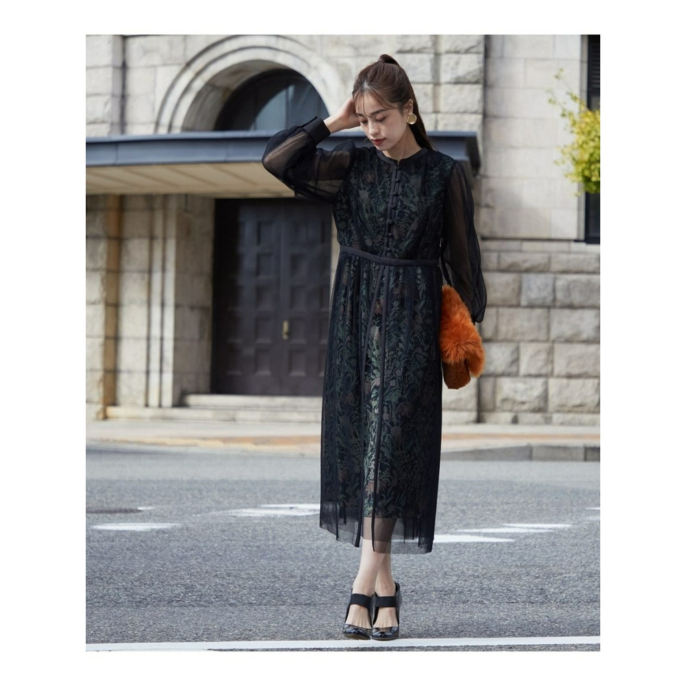 【大きいサイズ】【結婚式・パーティー・オケージョンドレス】＜Callarus＞Flower Printed Tulle Onepiece Dress 黒系 1