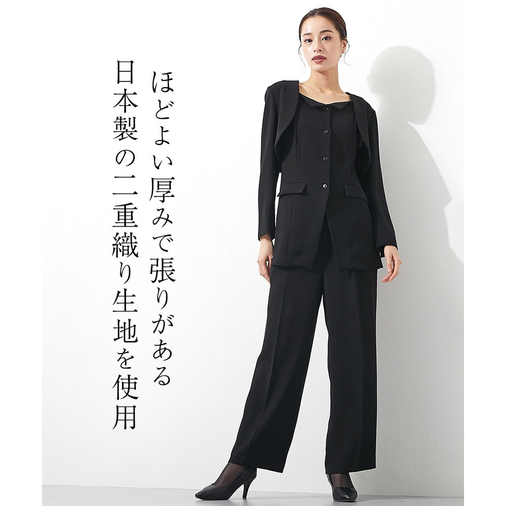 【大きいサイズ／喪服・礼服】日本製生地使用　洗える防しわデザイン3点セットスーツ（ボレロジャケット＋ビスチェ＋パンツ）（Callarus）8