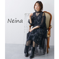 【結婚式・パーティー・オケージョンドレス】プリント重ね使いチュールワンピースドレス 大きいサイズ　Neina