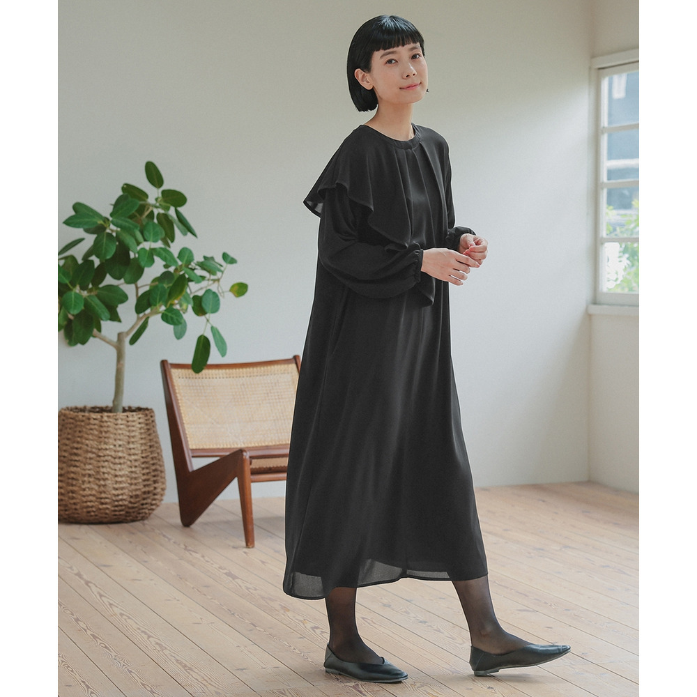 【喪服・礼服】日本製生地使用 洗える防しわアシメドレープサテン切替前開きデザインワンピース 大きいサイズ Neina12