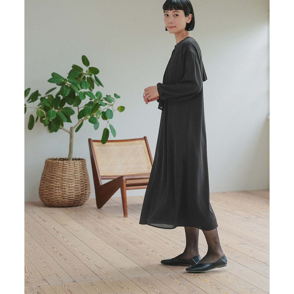 【喪服・礼服】日本製生地使用 洗える防しわアシメドレープサテン切替前開きデザインワンピース 大きいサイズ Neina13