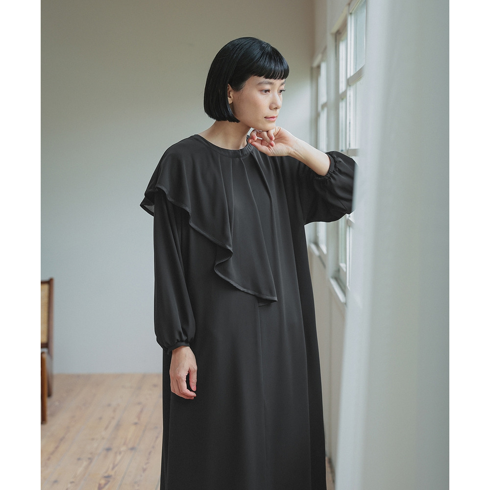 【喪服・礼服】日本製生地使用 洗える防しわアシメドレープサテン切替前開きデザインワンピース 大きいサイズ Neina15